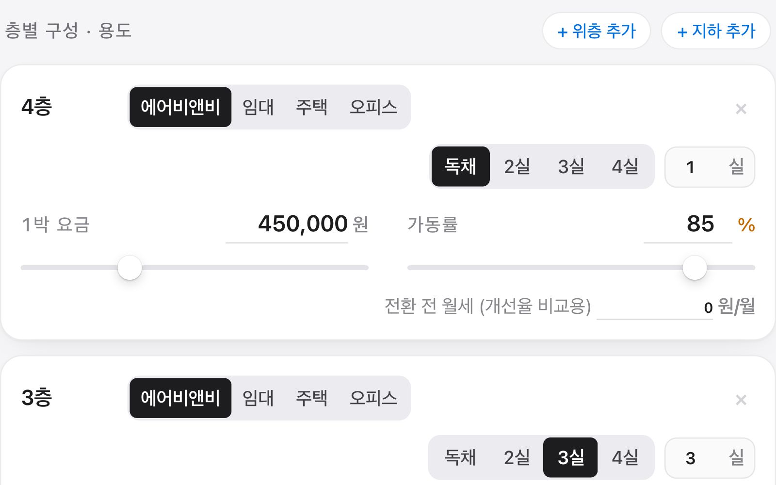 층별 구성 실제 화면 — 4층 에어비앤비 독채 1실 1박 450,000원 가동률 85%, 3층 에어비앤비 3실