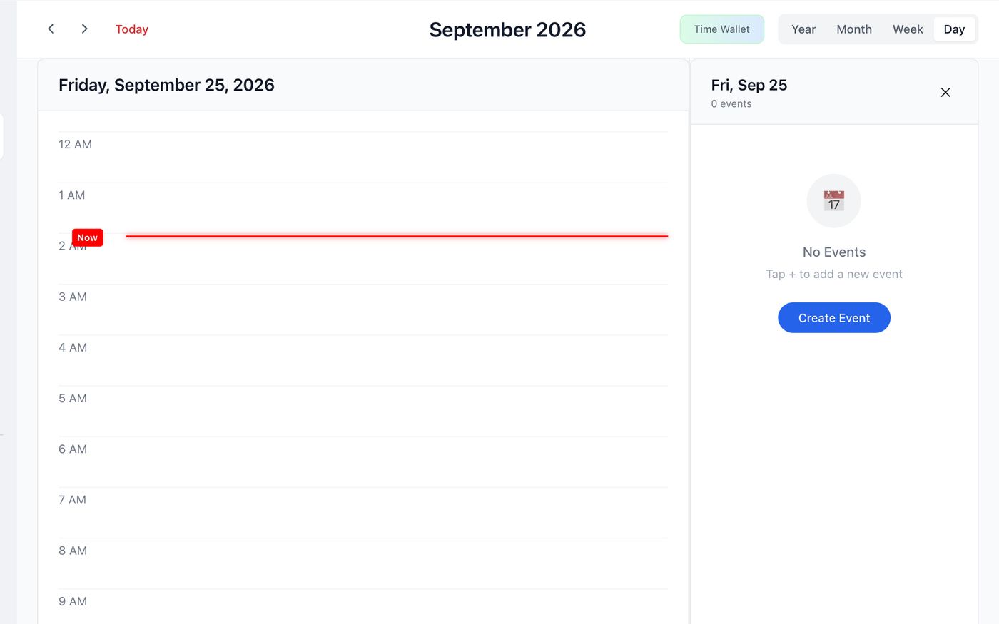 SeanTeam 실제 캘린더 일 보기 — 2026년 9월 25일, Now 표시와 오른쪽 Create Event 패널
