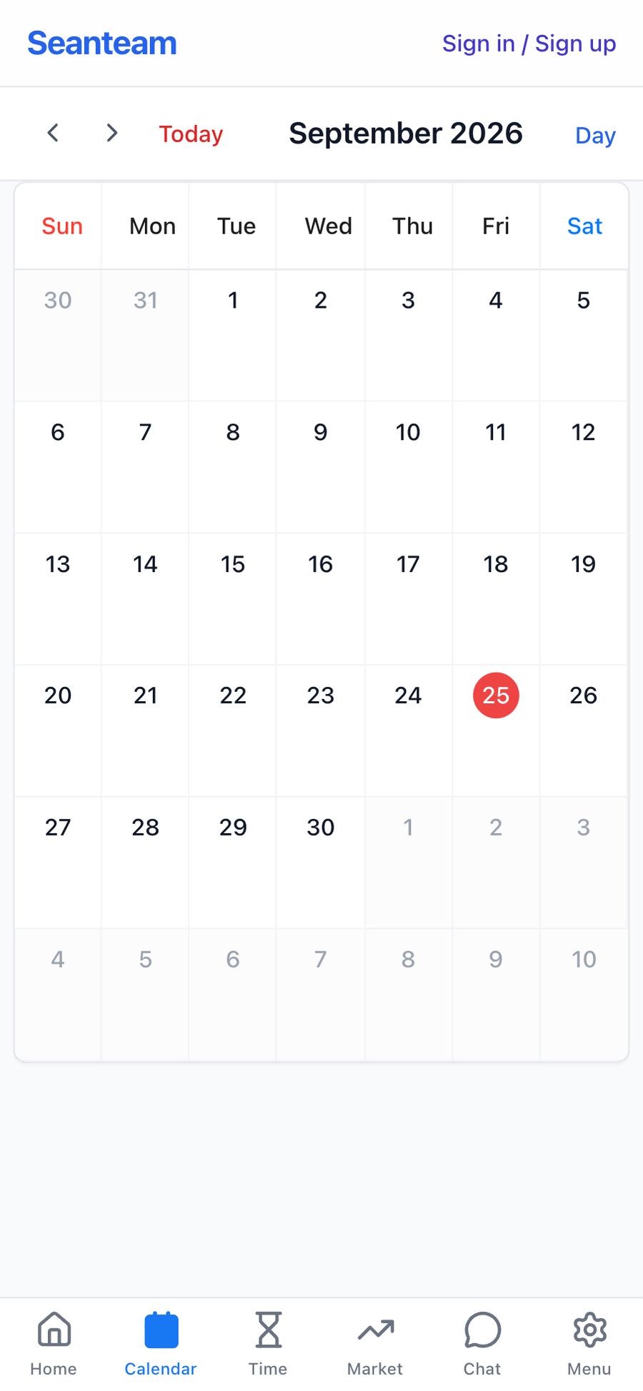 SeanTeam 실제 캘린더 폰 폭 — 2026년 9월 한 달, 오늘 25일에 빨간 점