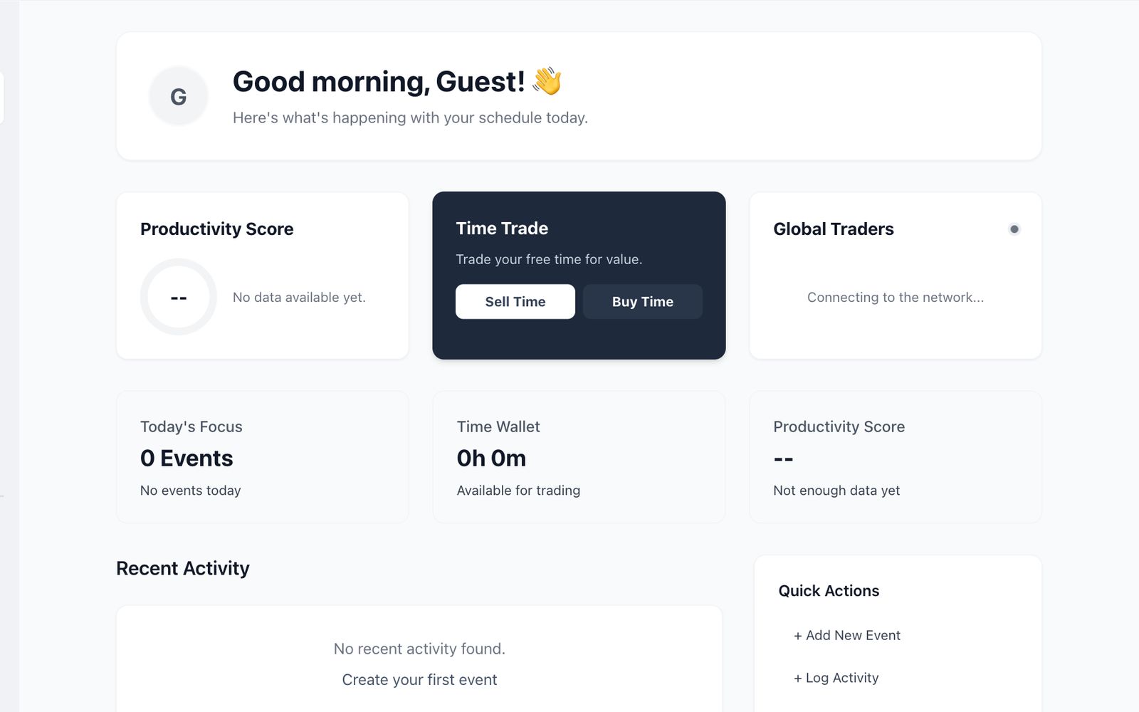 SeanTeam 실제 대시보드 — Good morning, Guest! 생산성 점수, 시간 거래, Today's Focus 0 Events, Time Wallet 0h 0m