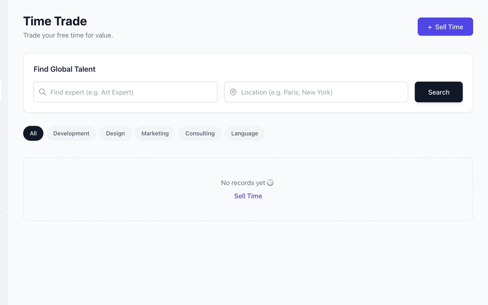SeanTeam 실제 시간 거래 화면 — Find Global Talent 검색, 개발·디자인·마케팅·컨설팅·언어 필터, No records yet
