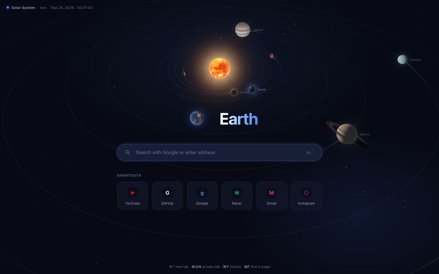 태양계 테마에서 지구를 고른 새 탭 — Earth 워드마크와 파란 강조색