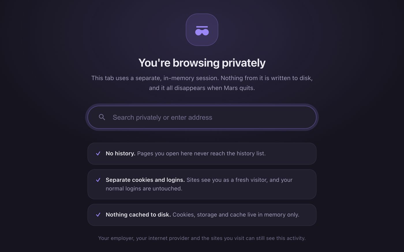 비공개 탭 실제 화면 — You're browsing privately, 기록 없음 · 쿠키와 로그인 분리 · 디스크에 캐시 없음