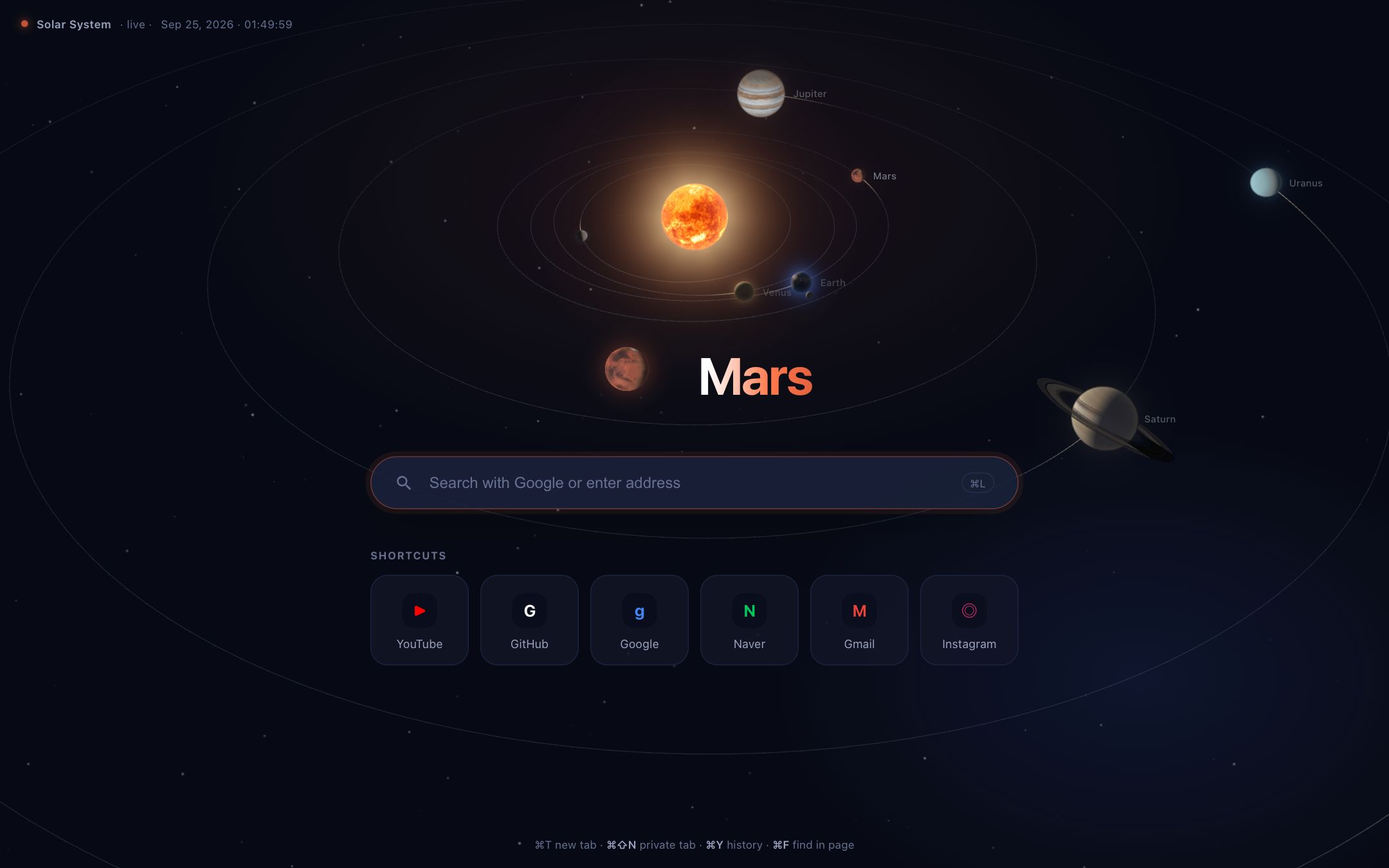 Mars 새 탭 실제 화면(태양계 테마) — 실시간 궤도 위의 행성들, 가운데 Mars 워드마크와 검색창, 바로가기 6개