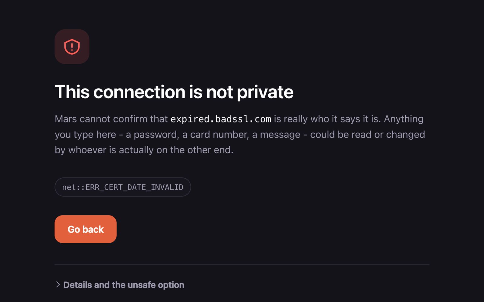 인증서 경고 실제 화면 — This connection is not private, expired.badssl.com, net::ERR_CERT_DATE_INVALID, Go back 버튼