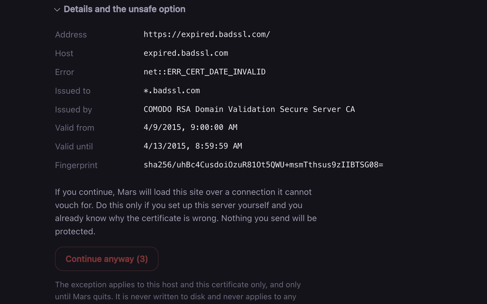 세부 정보를 펼친 화면 — 발급 대상 *.badssl.com, 발급자 COMODO, 유효기간 2015년 4월, 지문, 아직 눌리지 않는 ‘Continue anyway (3)’