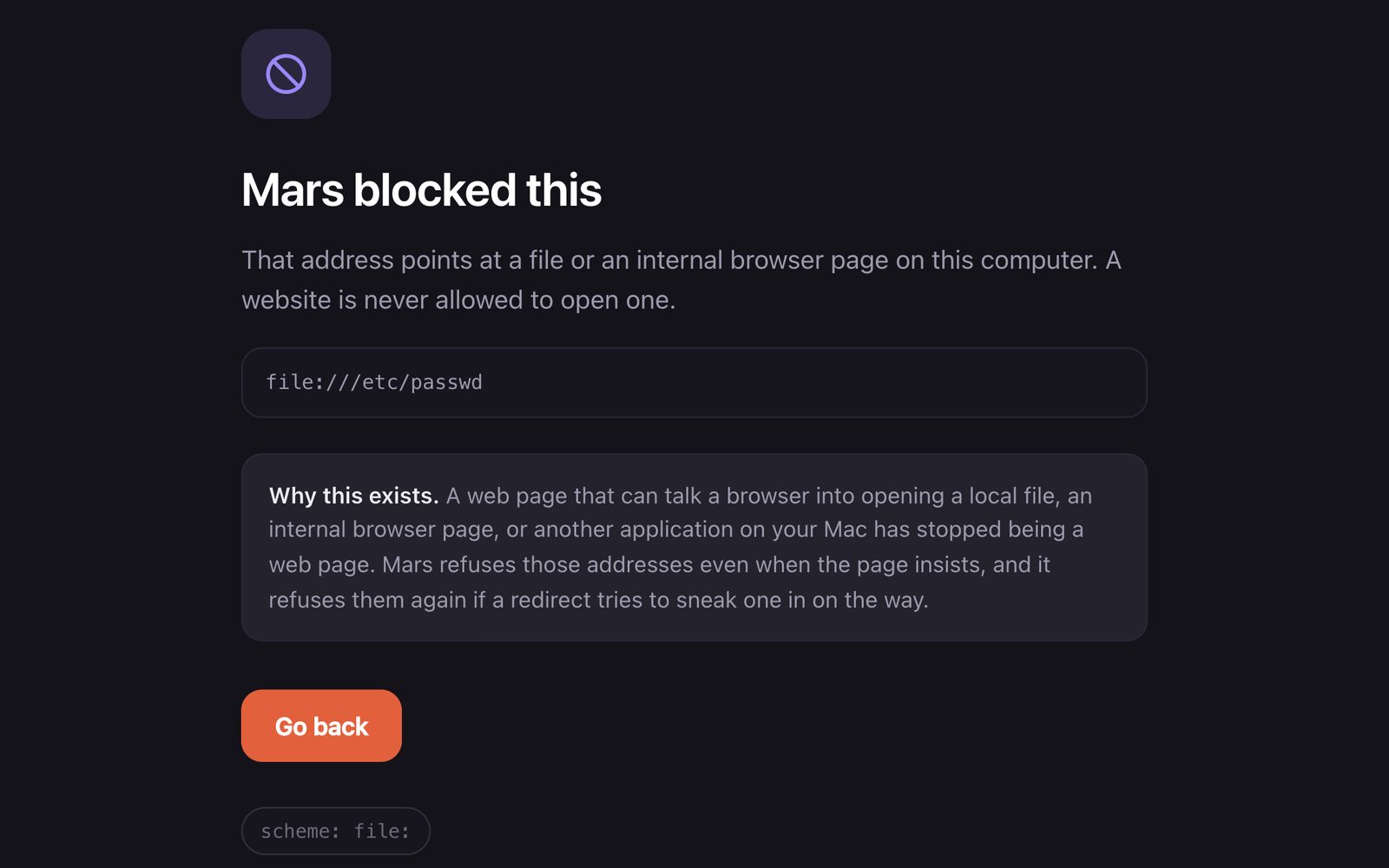 차단 실제 화면 — Mars blocked this, file:///etc/passwd, scheme: file: