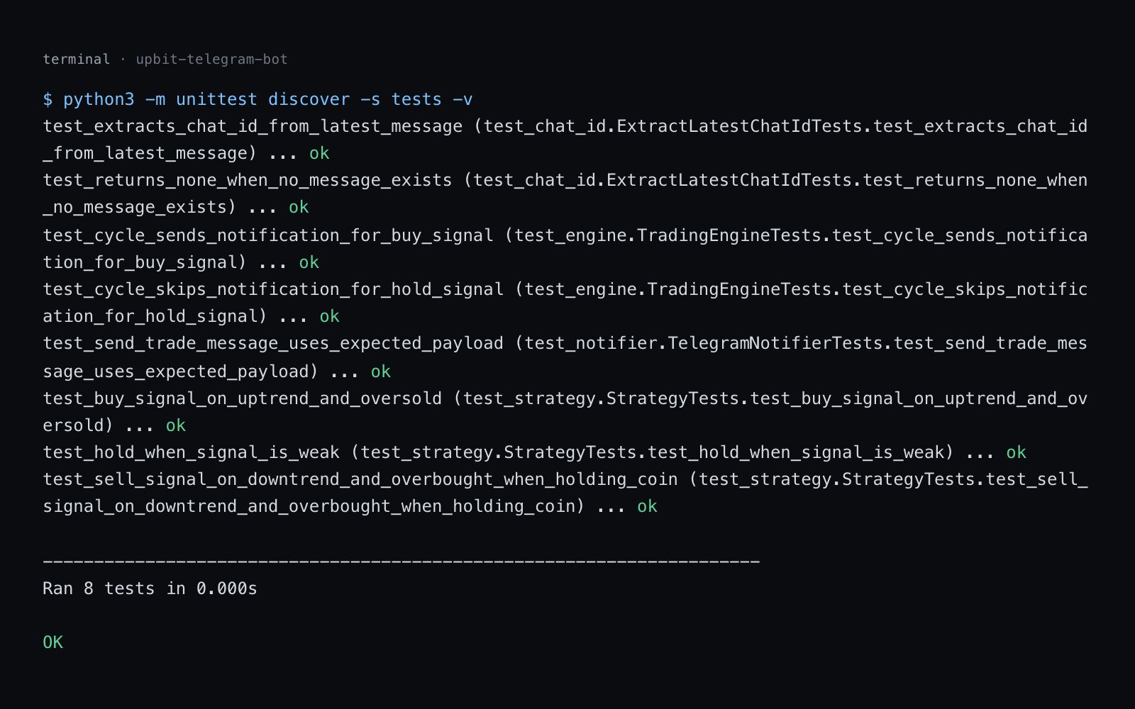 python3 -m unittest discover -s tests -v 실제 출력 — 테스트 8개 모두 ok