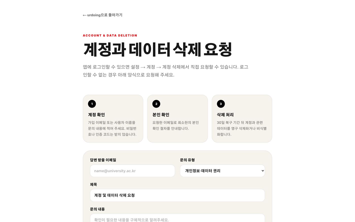 urdoing 계정과 데이터 삭제 요청 실제 화면 — 계정 확인, 본인 확인, 30일 뒤 삭제 처리 세 단계