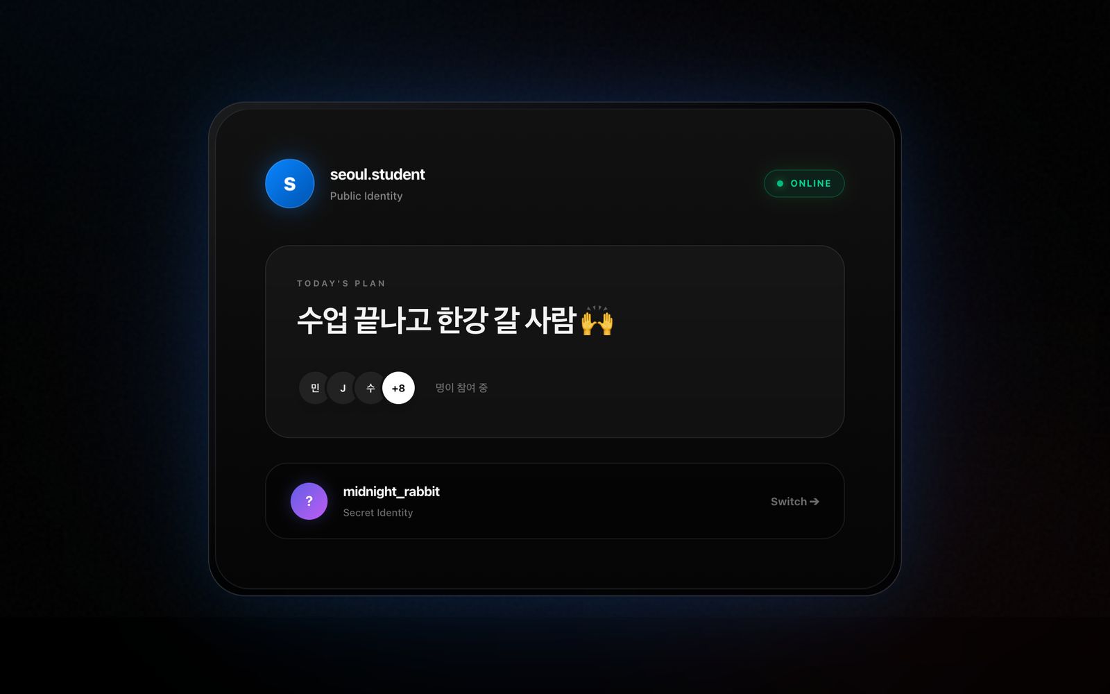 urdoing 소개 페이지의 두 신분 카드 — 공개 seoul.student 와 시크릿 midnight_rabbit, 그리고 Switch 버튼
