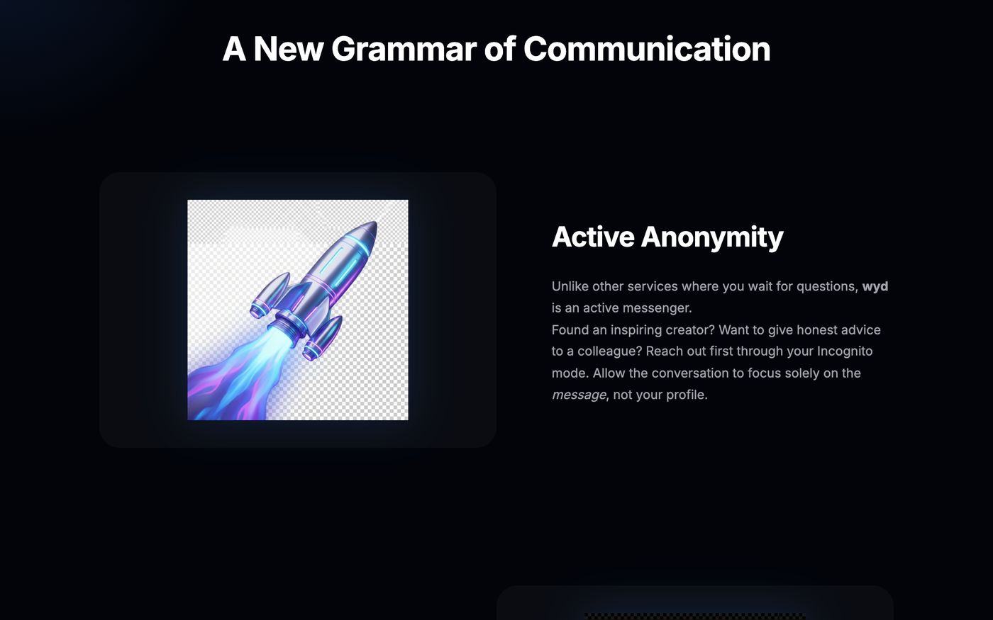 WYD 원칙 구역 실제 화면 — A New Grammar of Communication 아래 Active Anonymity 와 로켓 그림