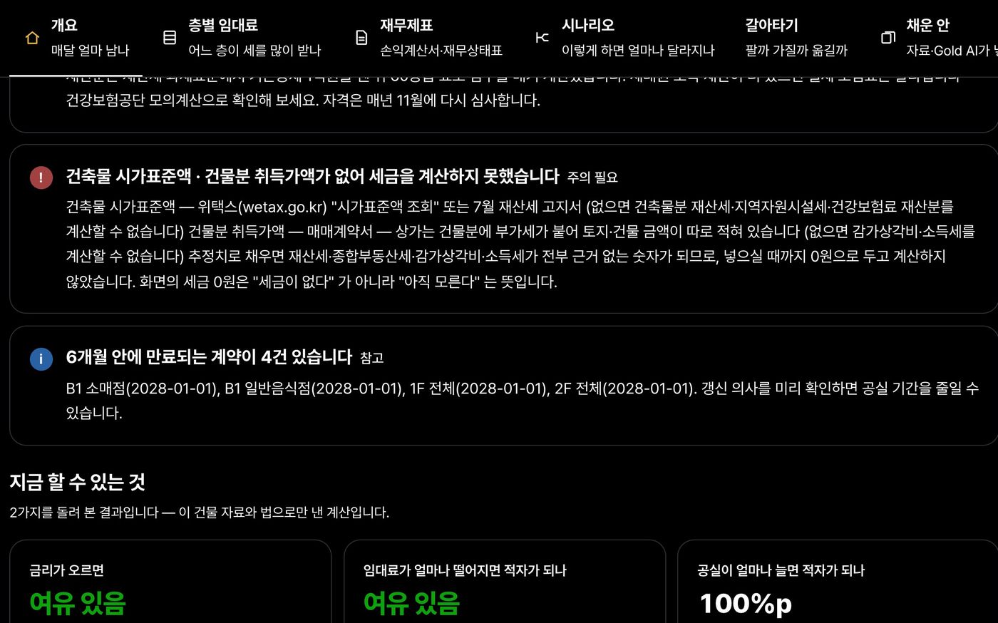 짚어볼 점 실제 화면 — 시가표준액이 없어 세금을 계산하지 못했다는 경고와 만료 임박 계약 안내