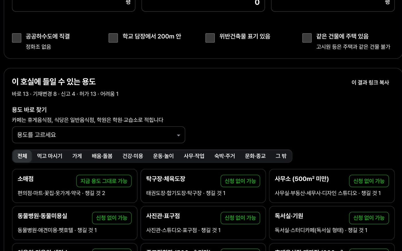 법률 도우미 실제 화면 — 이 호실에 들일 수 있는 용도를 신고·허가 여부와 함께 보여 준다