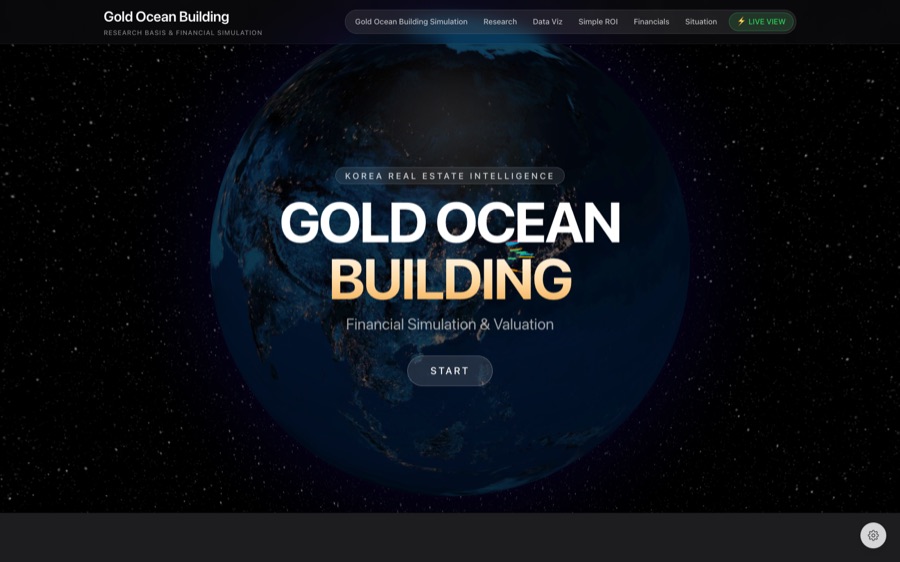 Actual Gold Ocean Building v1 landing screen with the 3D globe