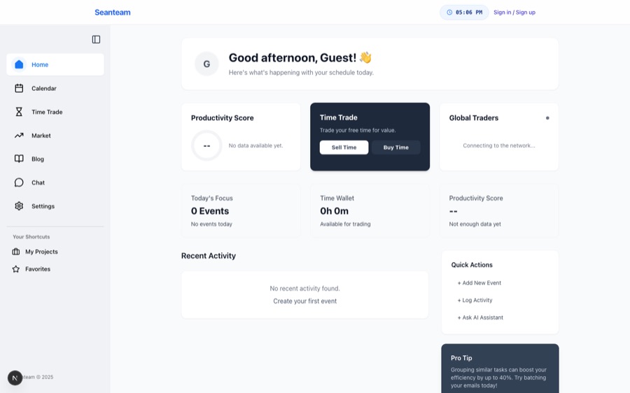 Actual SeanTeam guest dashboard running locally